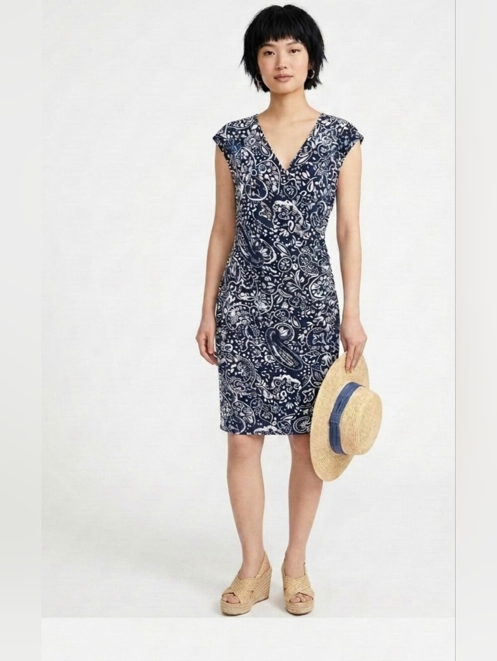 CHAPS Navy and White Floral Paisley Faux Wrap Dress